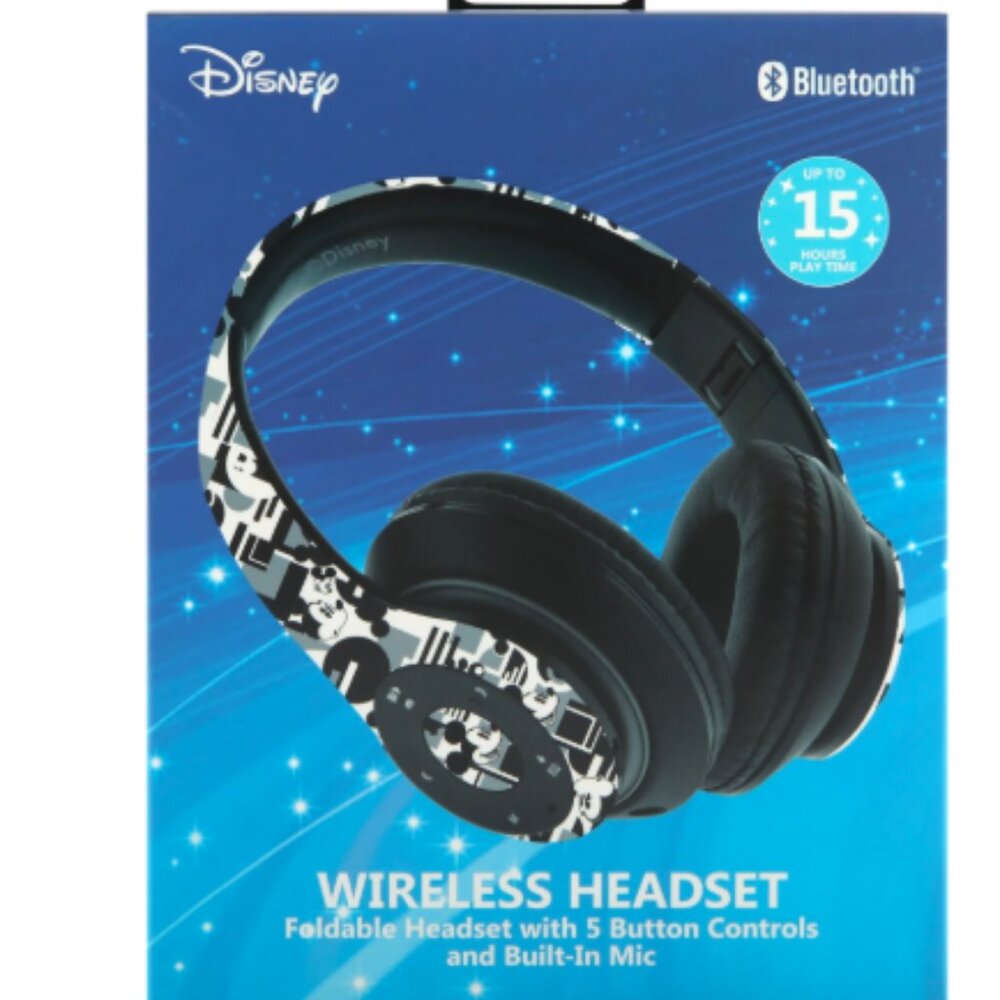Disney Mickey Mouse Foldable Bluetooth® Over-Ear Headphones, Black/White/Gray
